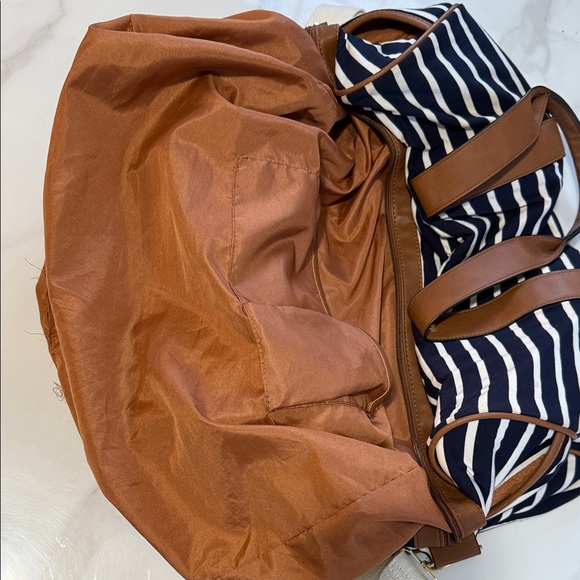 Madden Girl Navy and White Striped Tote with Brown Trim - Picture 14 of 16